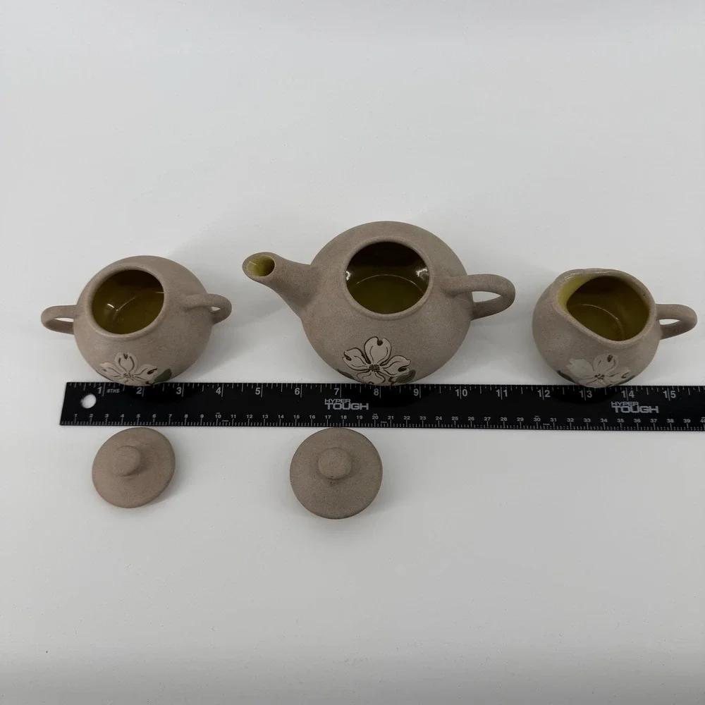 Pigeon River Pottery Creamer Sugar Teapot Set Dogwood Flower Handmade‎ 3pc VTG